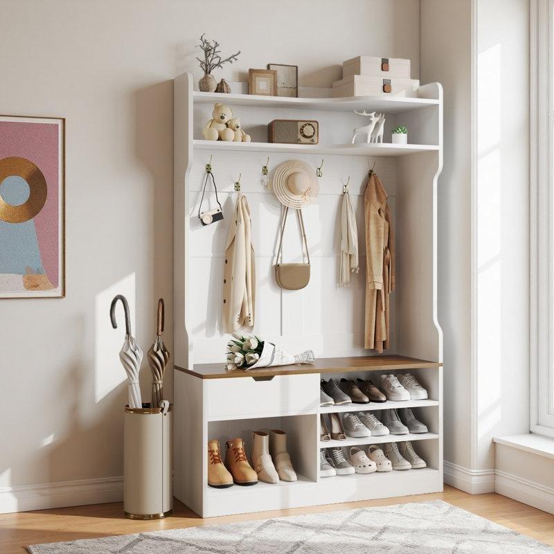 Beyaz MDF Oturaklı ve Çekmeceli Portmanto Vestiyer - 109x41x180 cm - 159649