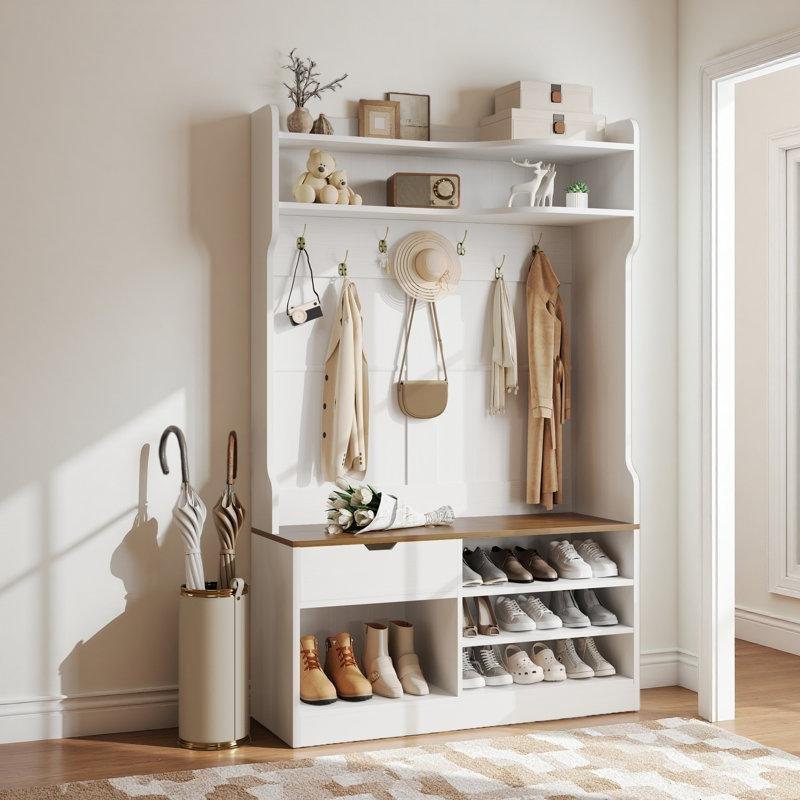 Beyaz MDF Oturaklı ve Çekmeceli Portmanto Vestiyer - 109x41x180 cm - 159649