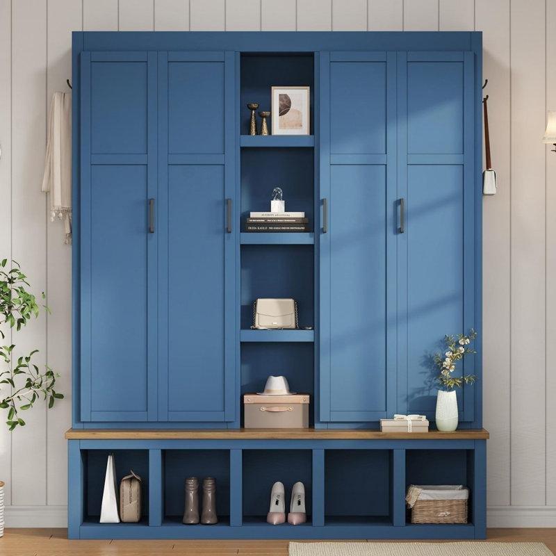 Beyaz MDF Oturaklı ve Dolaplı 6 Askılı Portmanto Vestiyer - 160 cm - 159757