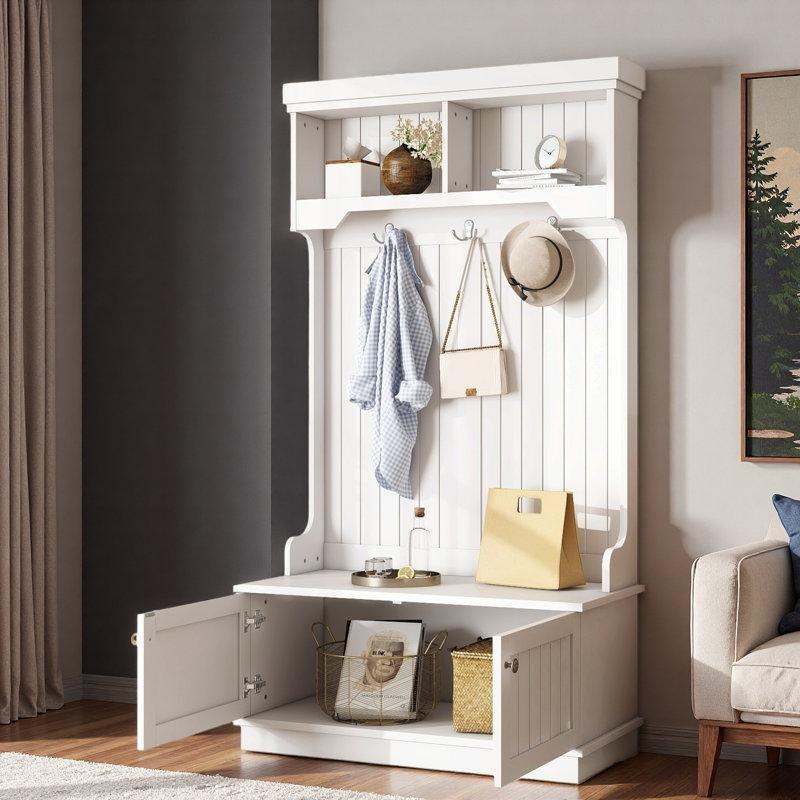 Beyaz MDF Oturaklı ve Dolaplı Çizgili Tasarım Portmanto Vestiyer - 90x44x164 cm - 159658