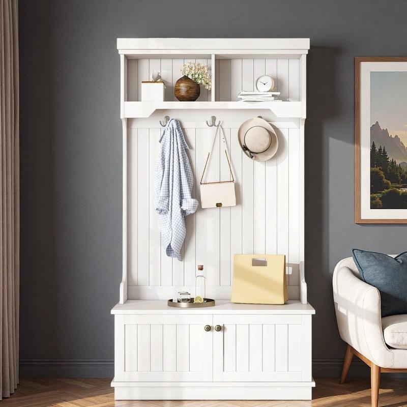 Beyaz MDF Oturaklı ve Dolaplı Çizgili Tasarım Portmanto Vestiyer - 90x44x164 cm - 159658