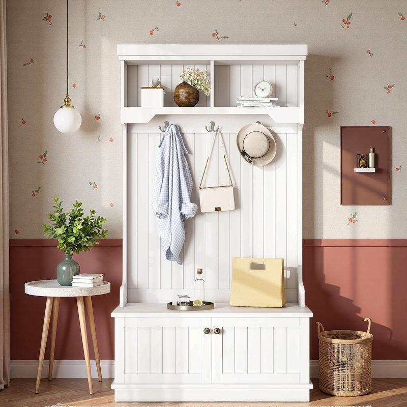 Beyaz MDF Oturaklı ve Dolaplı Çizgili Tasarım Portmanto Vestiyer - 90x44x164 cm - 159658