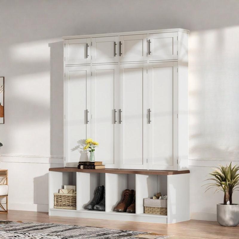Beyaz MDF Oturaklı ve Kapaklı Country Portmanto Vestiyer - 150 cm - 159466