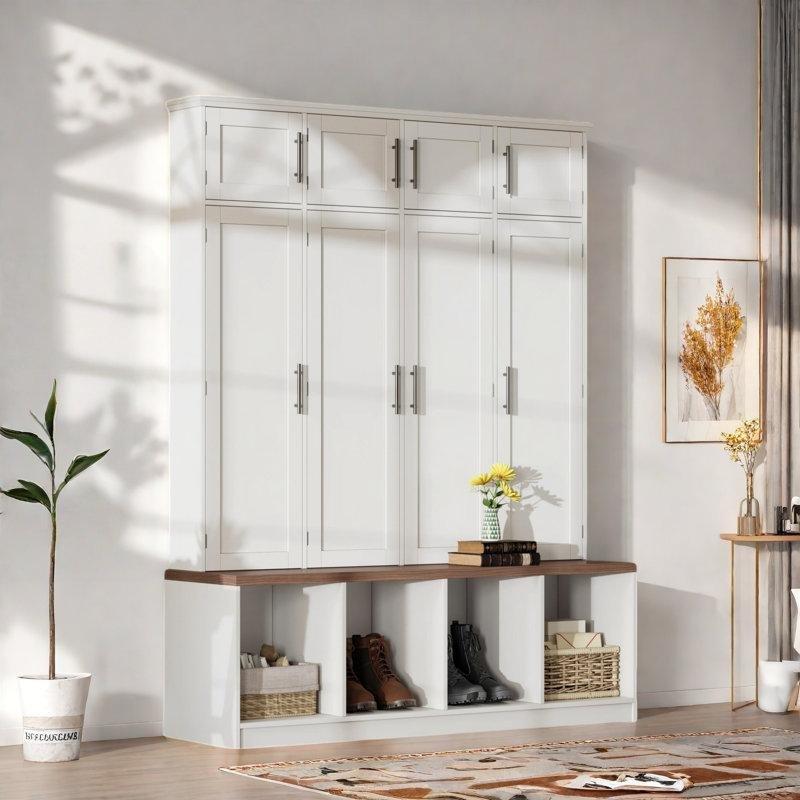 Beyaz MDF Oturaklı ve Kapaklı Country Portmanto Vestiyer - 150 cm - 159466