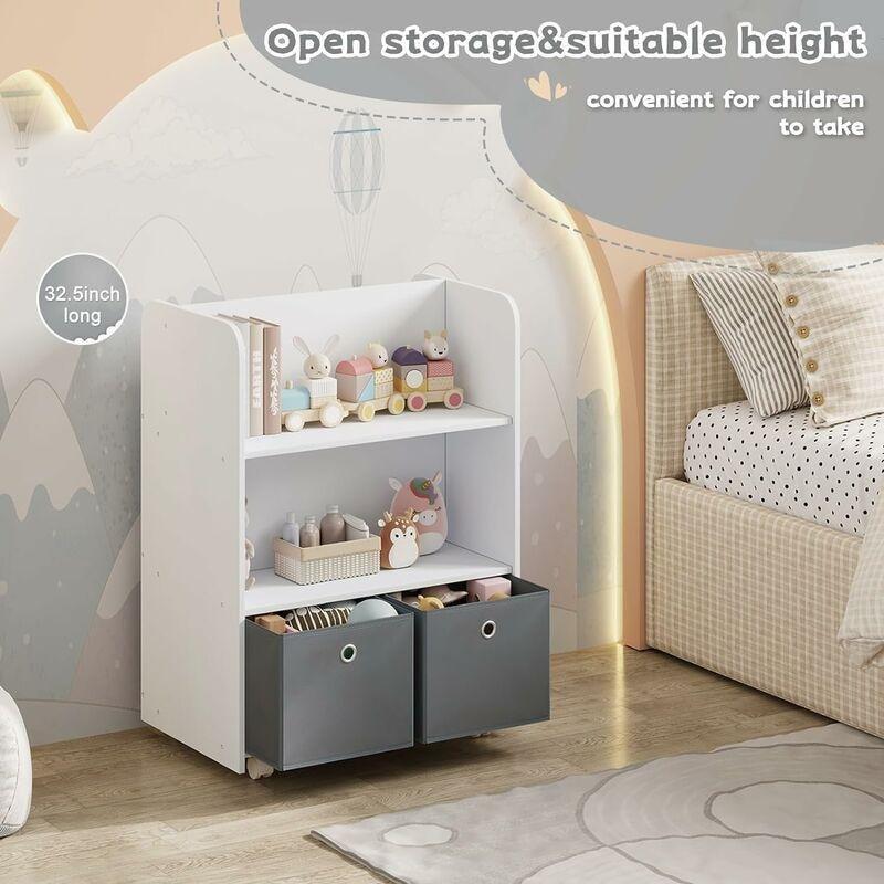 Beyaz MDF Tekerlekli 3 Raflı Kumaş Kutulu Oyuncak Dolabı - 63x40x83 cm - 150683