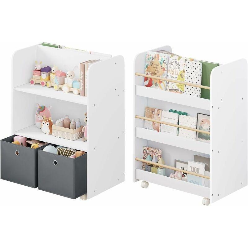 Beyaz MDF Tekerlekli 3 Raflı Kumaş Kutulu Oyuncak Dolabı - 63x40x83 cm - 150683