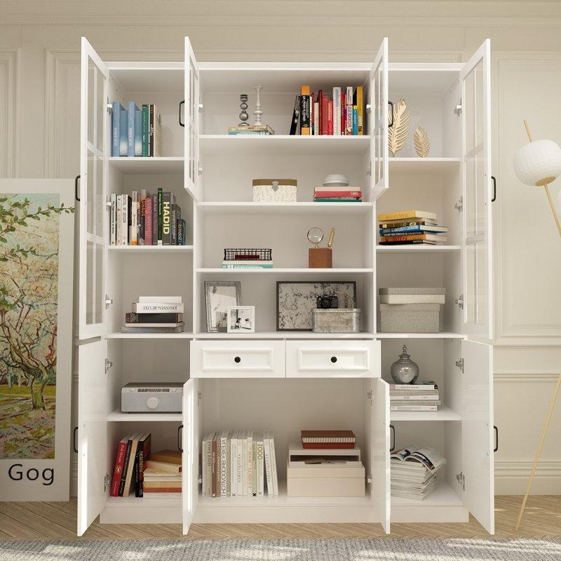 Beyaz MDF Temperli Cam 2 Çekmeceli 8 Kapaklı Şaraplıklı Vitrin - Gümüşlük - 160x40x200 cm - 156865