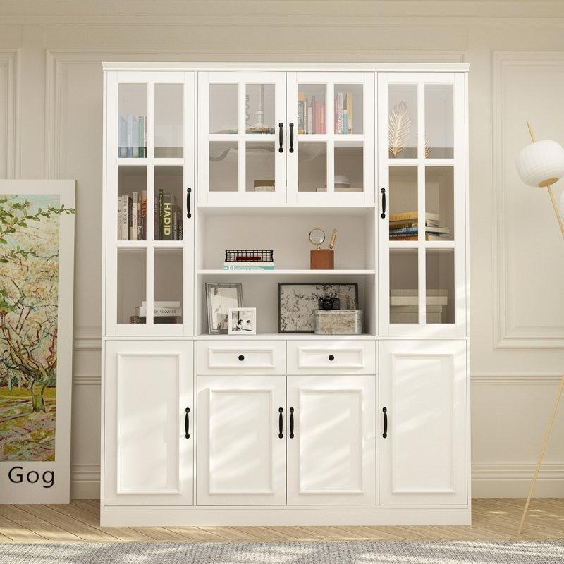 Beyaz MDF Temperli Cam 2 Çekmeceli 8 Kapaklı Şaraplıklı Vitrin - Gümüşlük - 160x40x200 cm - 156865