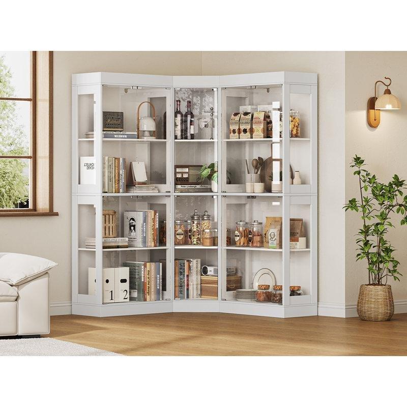 Beyaz MDF Temperli Cam Kapaklı Köşe 9 Raflı Vitrin - Gümüşlük - 259 cm - 156907