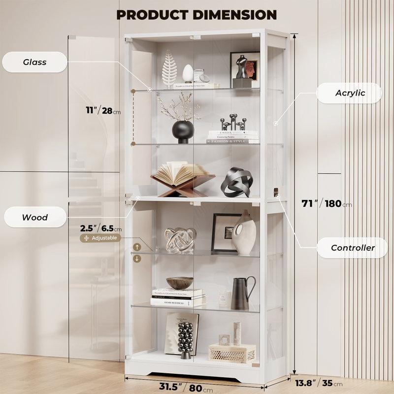 Beyaz MDF Üç Renkli LED Aydınlatmalı Ayarlanabilir Raflı Camlı Oyuncak Dolabı - 81x36x181 cm - 149856