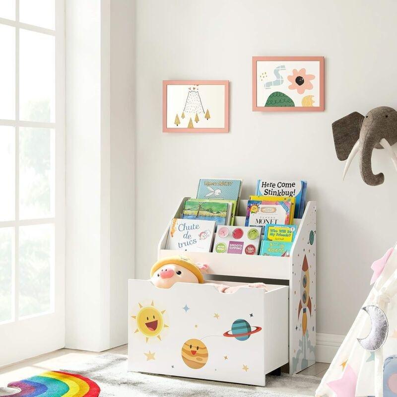 Beyaz MDF Uzay Temalı Tekerlekli ve 3 Bölmeli Oyuncak Dolabı - 63x30x70 cm - 151022