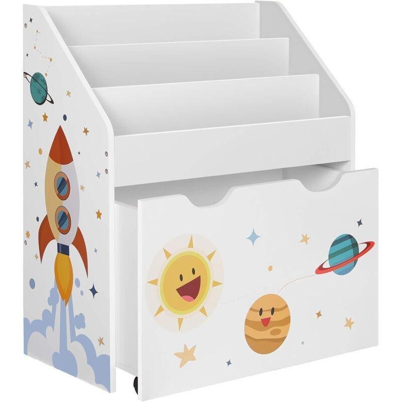 Beyaz MDF Uzay Temalı Tekerlekli ve 3 Bölmeli Oyuncak Dolabı - 63x30x70 cm - 151022