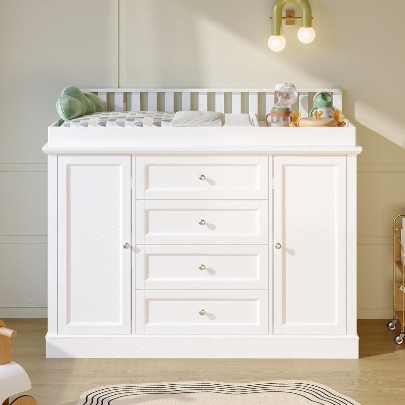 Beyaz MDF ve Masif Ahşap 2 Kapaklı 4 Çekmeceli Alt Değiştirme Masası - 120 cm - 163288
