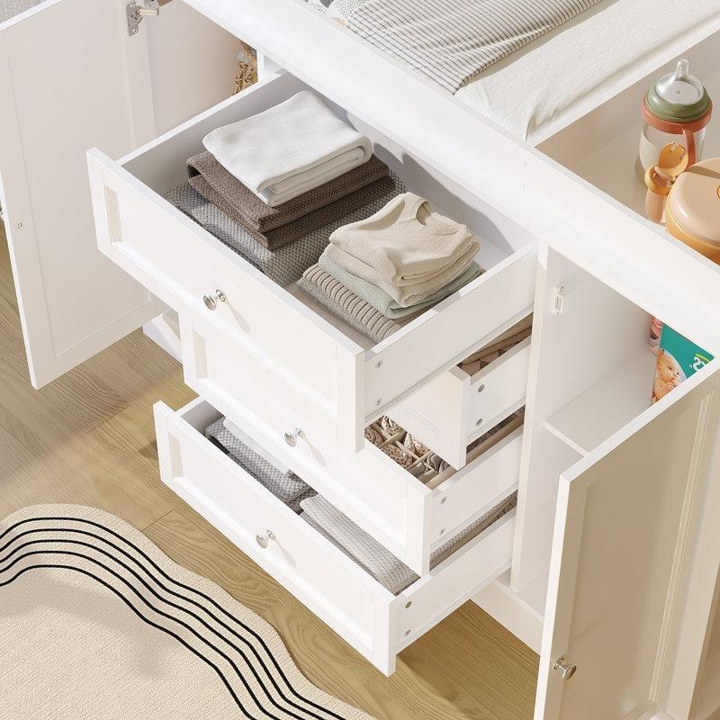 Beyaz MDF ve Masif Ahşap 2 Kapaklı 4 Çekmeceli Alt Değiştirme Masası - 120 cm - 163288