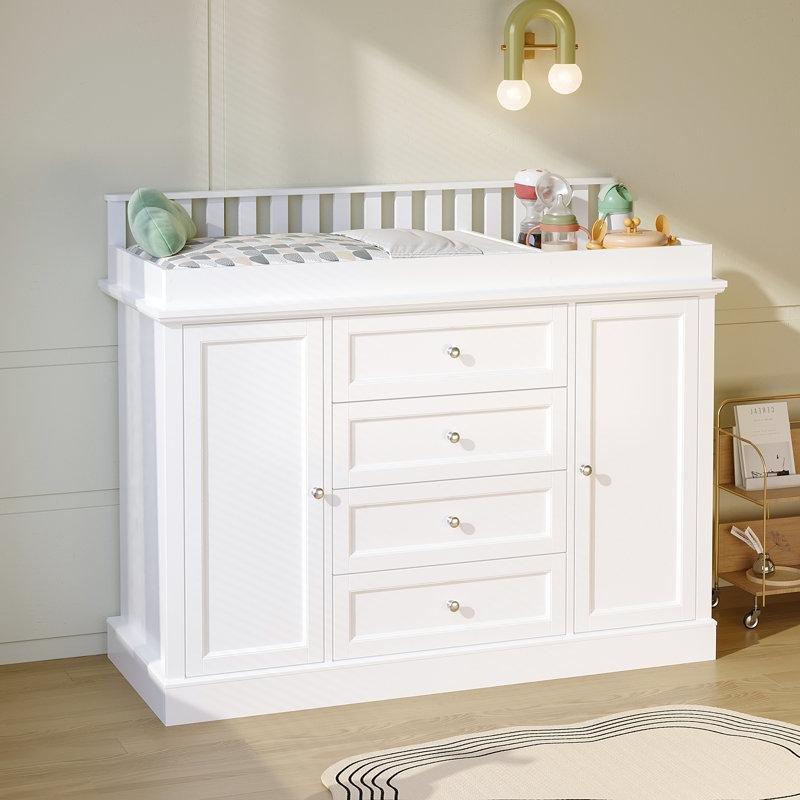 Beyaz MDF ve Masif Ahşap 2 Kapaklı 4 Çekmeceli Alt Değiştirme Masası - 120 cm - 163288