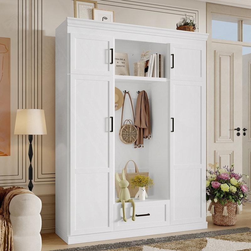 Beyaz MDF ve Masif Ahşap Oturaklı Çekmeceli 4 Kapaklı Portmanto Vestiyer - 161 cm - 159490
