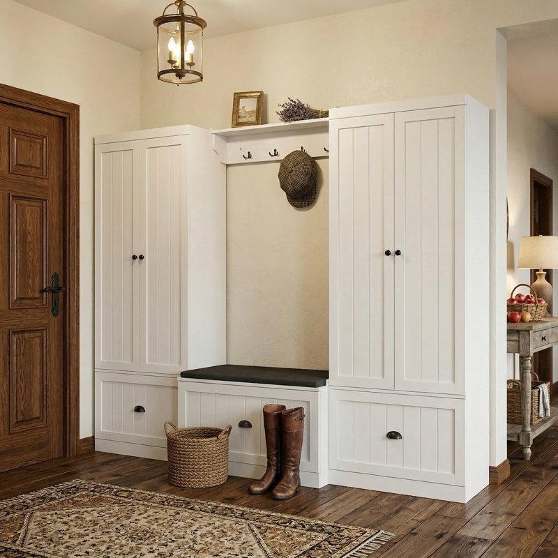 Beyaz MDF ve Masif Ahşap Oturaklı Çekmeceli Dolaplı Portmanto Vestiyer Seti - 221 cm - 159760