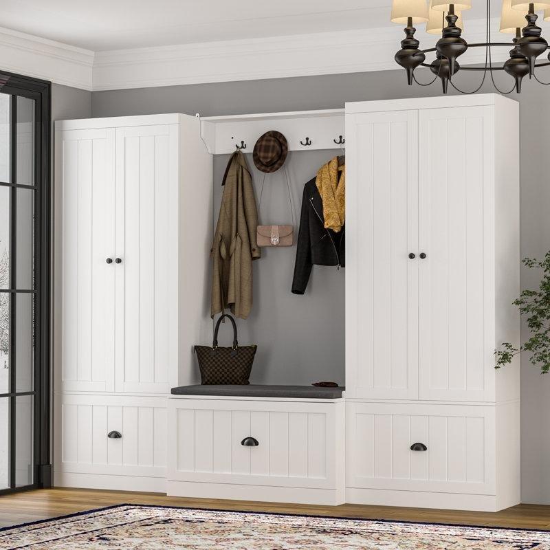 Beyaz MDF ve Masif Ahşap Oturaklı Çekmeceli Dolaplı Portmanto Vestiyer Seti - 221 cm - 159760