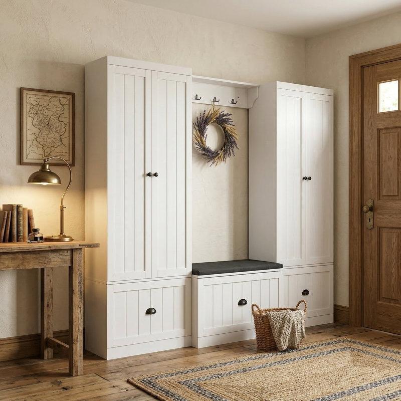 Beyaz MDF ve Masif Ahşap Oturaklı Çekmeceli Dolaplı Portmanto Vestiyer Seti - 221 cm - 159760