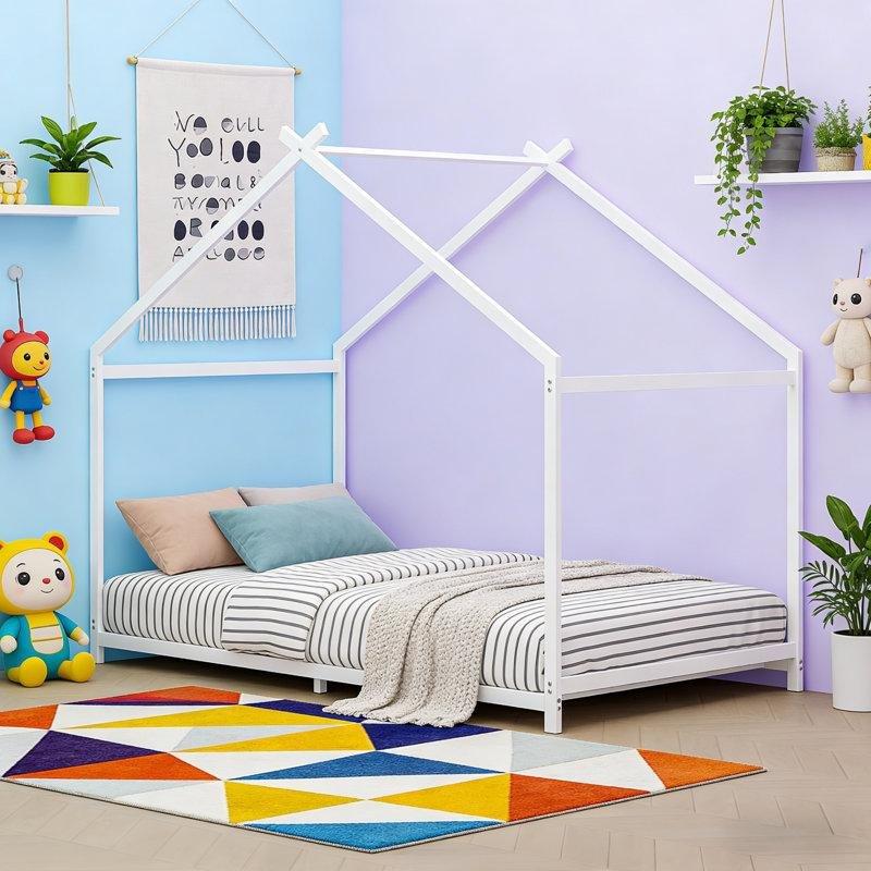 Beyaz Metal Ev Tipi Çatılı Montessori Karyola - 97x199 cm - 142624