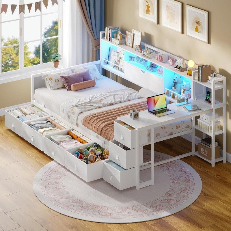 Beyaz Metal Köşe Çalışma Masalı Kitaplıklı 7 Çekmeceli Şarj Üniteli ve RGB Işıklı Tek Kişilik Divan Karyola - 142855
