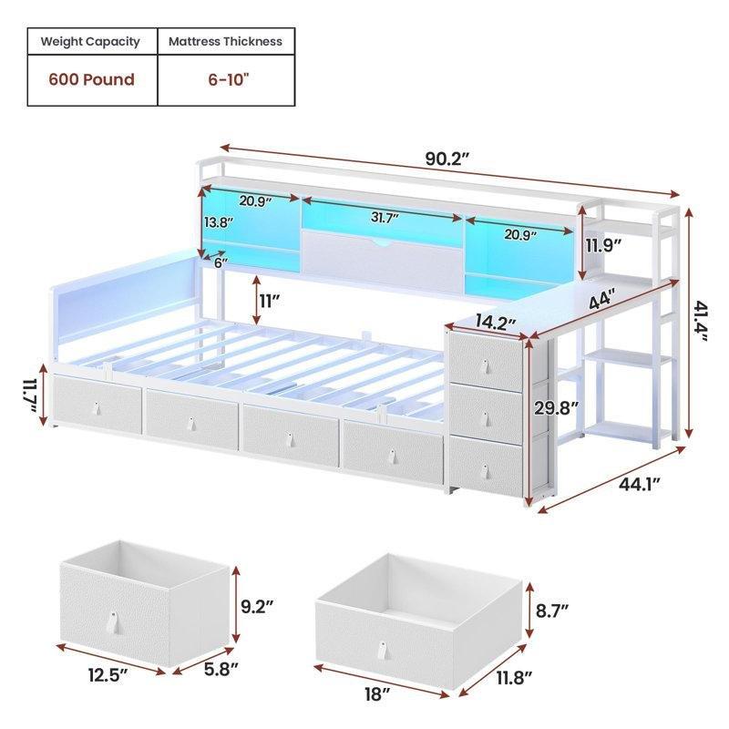 Beyaz Metal Köşe Çalışma Masalı Kitaplıklı 7 Çekmeceli Şarj Üniteli ve RGB Işıklı Tek Kişilik Divan Karyola - 142855