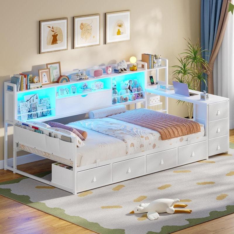 Beyaz Metal Köşe Çalışma Masalı Kitaplıklı 7 Çekmeceli Şarj Üniteli ve RGB Işıklı Tek Kişilik Divan Karyola - 142855