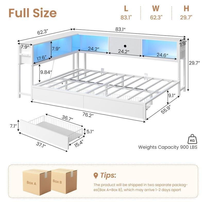 Beyaz Metal LED Işıklı Kitaplıklı Çekmeceli Şarj İstasyonlu Köşe Karyola - 142813