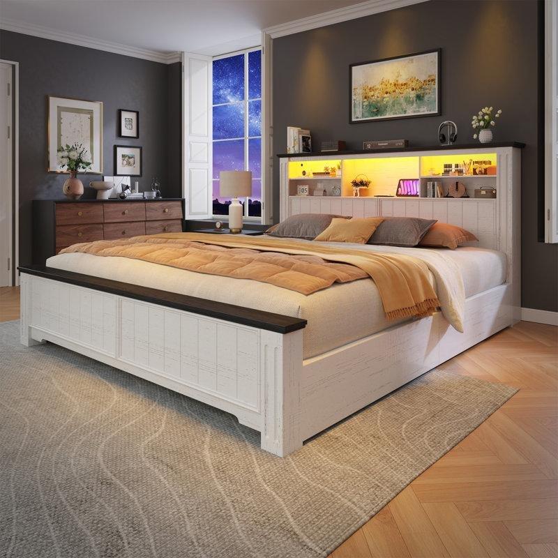 Beyaz Metal ve Endüstriyel Ahşap 4 Çekmeceli LED Işıklı Şarj İstasyonlu Karyola - 160x231 cm - 142303