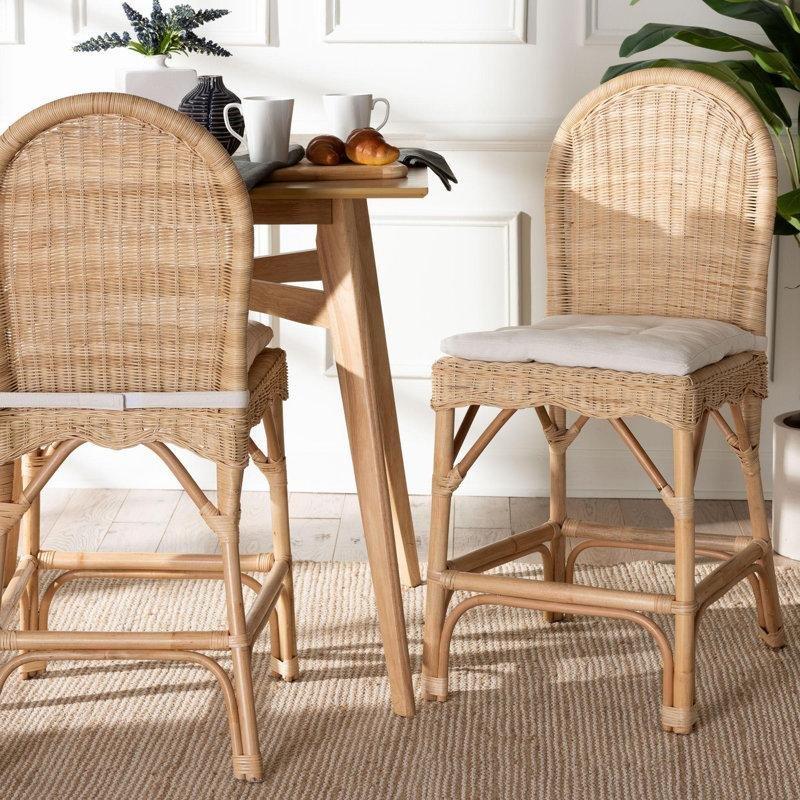 Beyaz Minderli Doğal Rattan Bohem 2li Hasır Bar Sandalyesi Seti - 60 cm - 148149