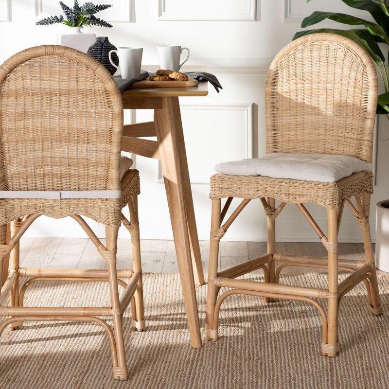 Beyaz Minderli Doğal Rattan Bohem 2li Hasır Bar Sandalyesi Seti - 60 cm - 148149