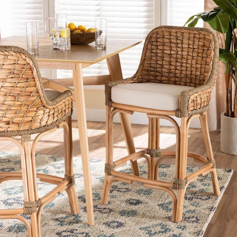 Beyaz Minderli El Yapımı Rattan Hasır Bar Sandalyesi - 70 cm - 148173
