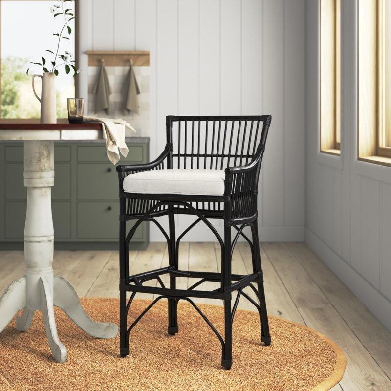 Beyaz Minderli Kolçaklı Rattan Hasır Bar Sandalyesi - 77 cm - 148200