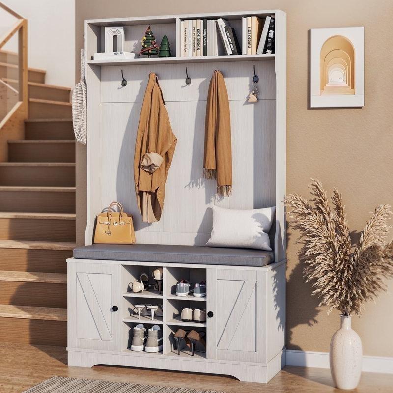 Beyaz Minderli Oturaklı Askılı Ahşap Portmanto Vestiyer - 107 cm - 159748