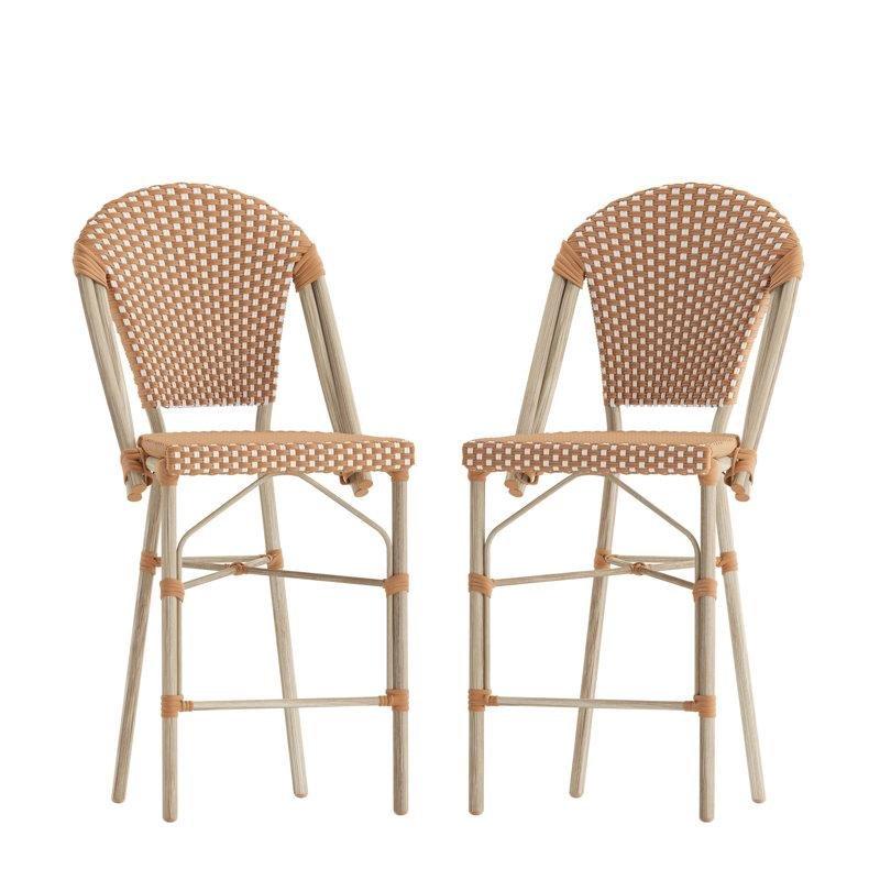 Beyaz Naturel PE Rattan Paris Stili İstiflenebilir Bambu Görünümlü Alüminyum Bar Sandalyesi, 2'li Set - 66 cm - 148728