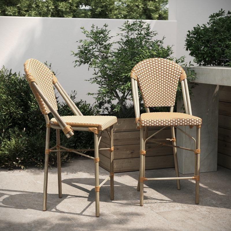 Beyaz Naturel PE Rattan Paris Stili İstiflenebilir Bambu Görünümlü Alüminyum Bar Sandalyesi, 2%27li Set - 66 cm - 148728