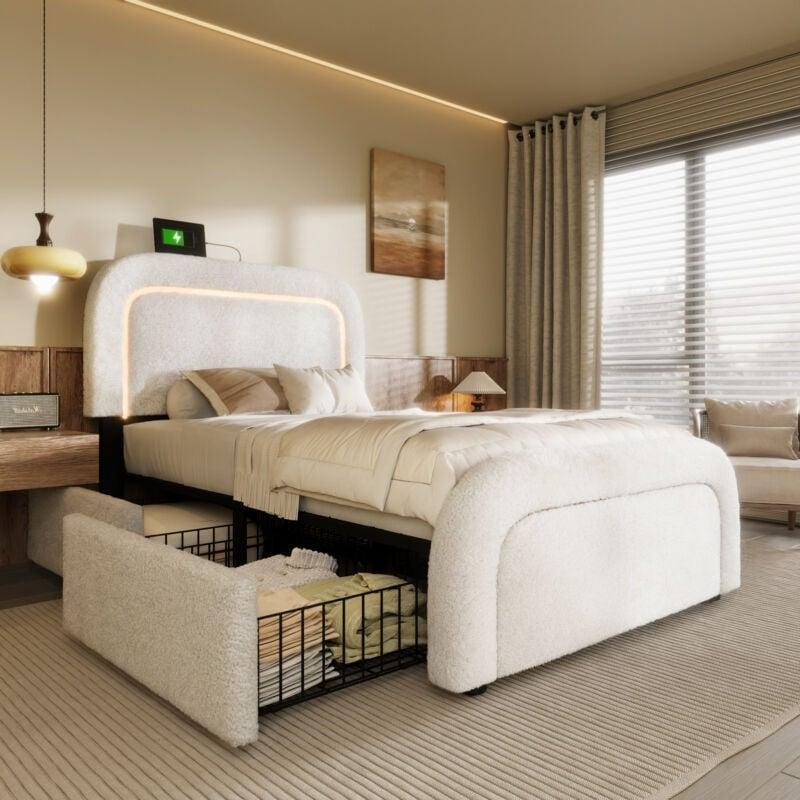 Beyaz Sherpa Kumaş LED Işıklı USB Şarj Portlu 2 Çekmeceli Baza - 90x200 cm - 143867