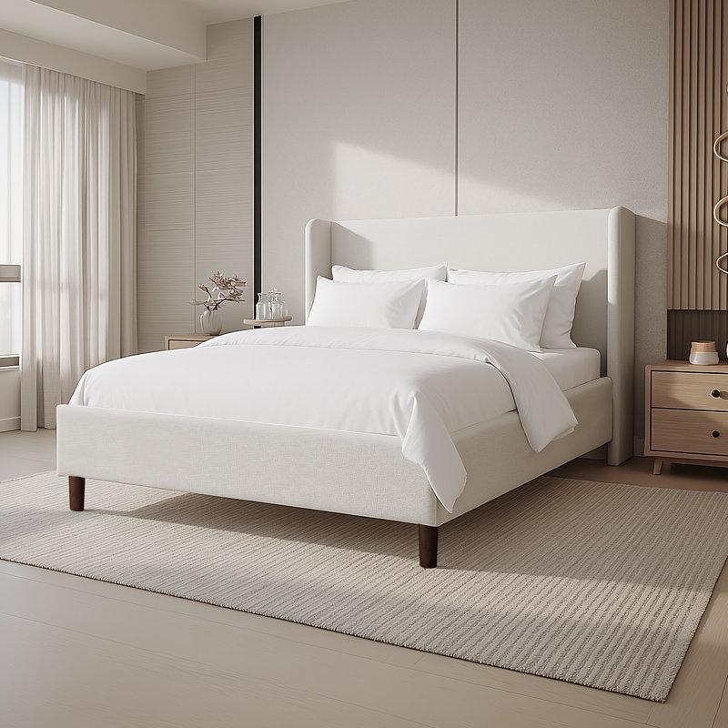 Beyaz Şönil Kumaş Kulaklı Başlıklı Ahşap Platform Karyola - 143386