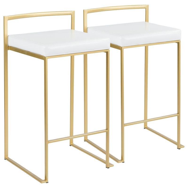 Beyaz Suni Deri Döşemeli Gold Metal Ayaklı Alçak Sırtlı Bar Sandalyesi 2li Set - 148134