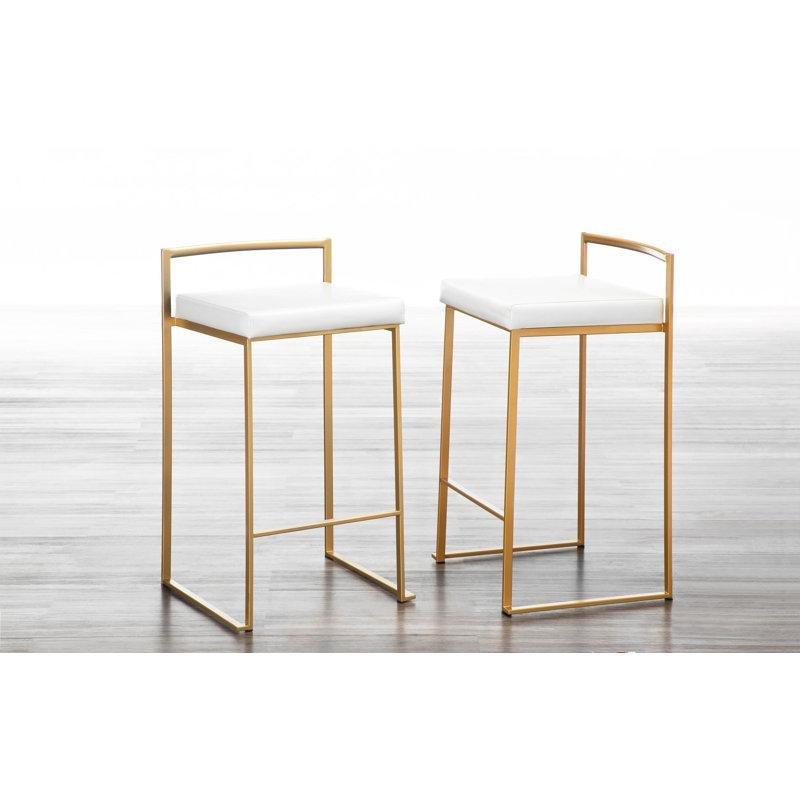 Beyaz Suni Deri Döşemeli Gold Metal Ayaklı Alçak Sırtlı Bar Sandalyesi 2li Set - 148134