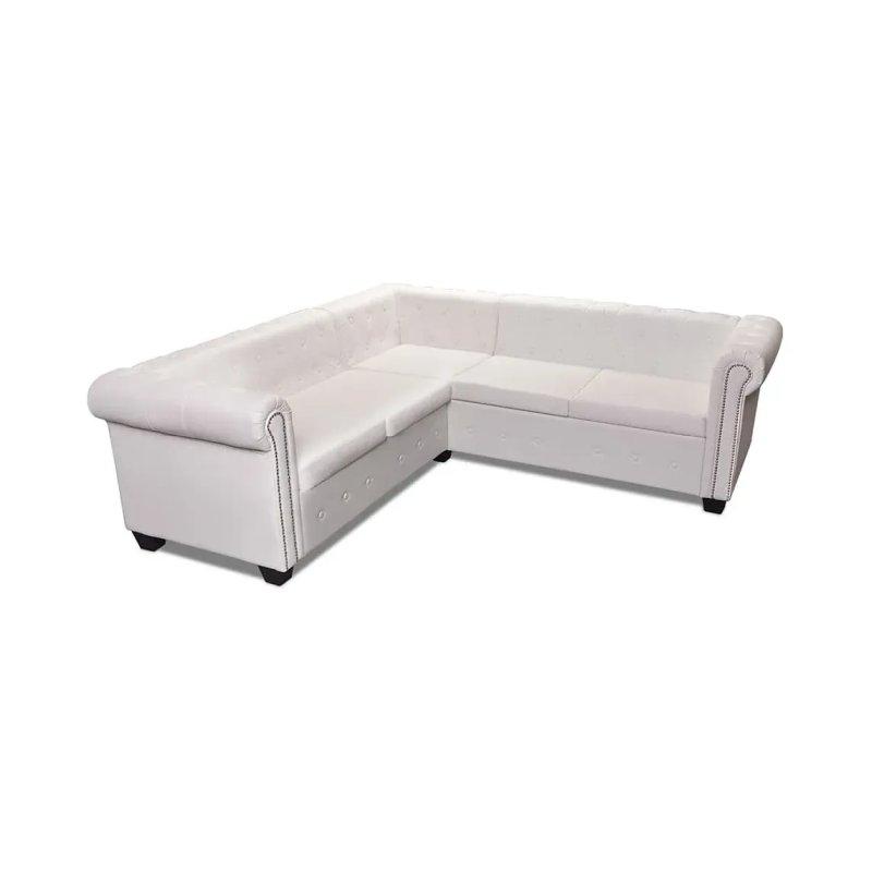 Beyaz Suni Deri Kapitoneli Chesterfield 5 Kişilik Köşe Koltuk - 205x205 cm - 155653