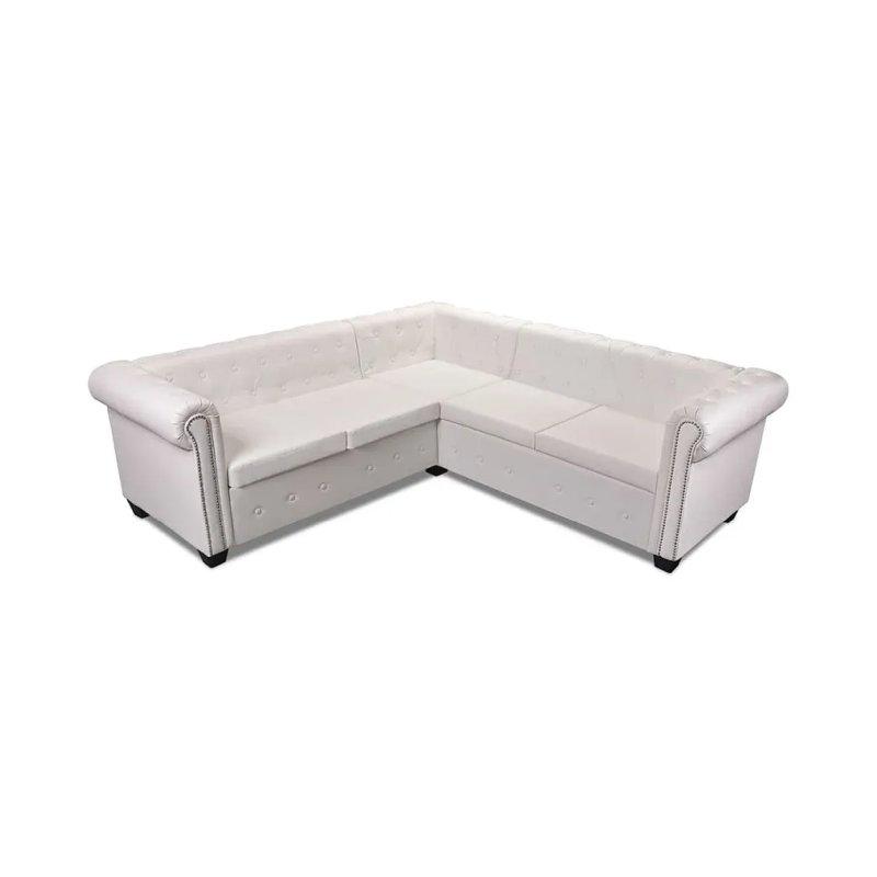 Beyaz Suni Deri Kapitoneli Chesterfield 5 Kişilik Köşe Koltuk - 205x205 cm - 155653