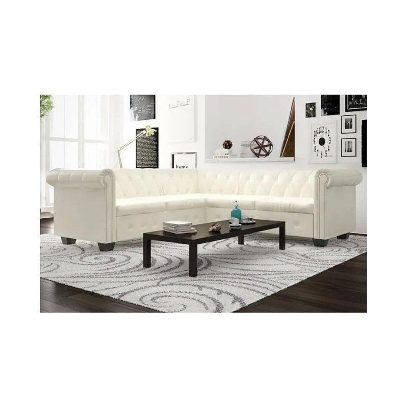 Beyaz Suni Deri Kapitoneli Chesterfield 5 Kişilik Köşe Koltuk - 205x205 cm - 155653