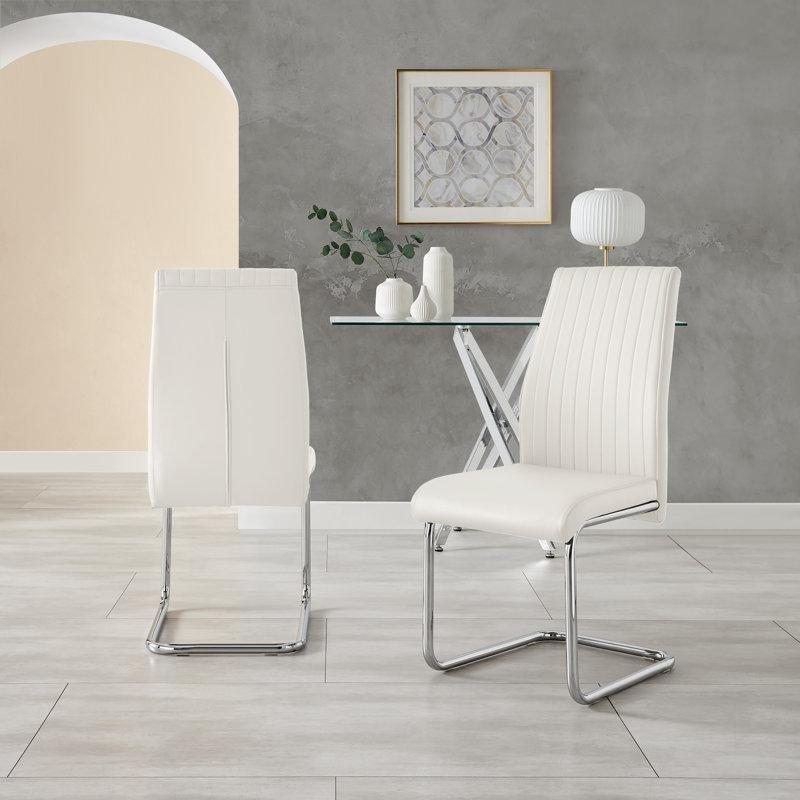Beyaz Suni Deri Krom Ayaklı Konsol Tipi Sandalye 2li Set - 146544