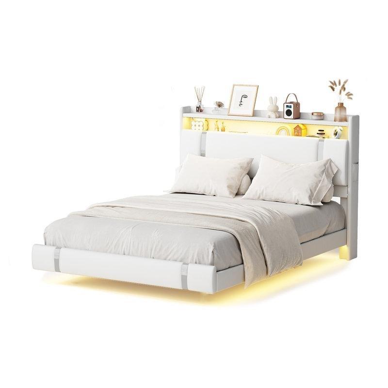 Beyaz Suni Deri LED Işıklı Şarj Üniteli ve Yavru Yataklı Metal Karyola - 153x223 cm - 143053