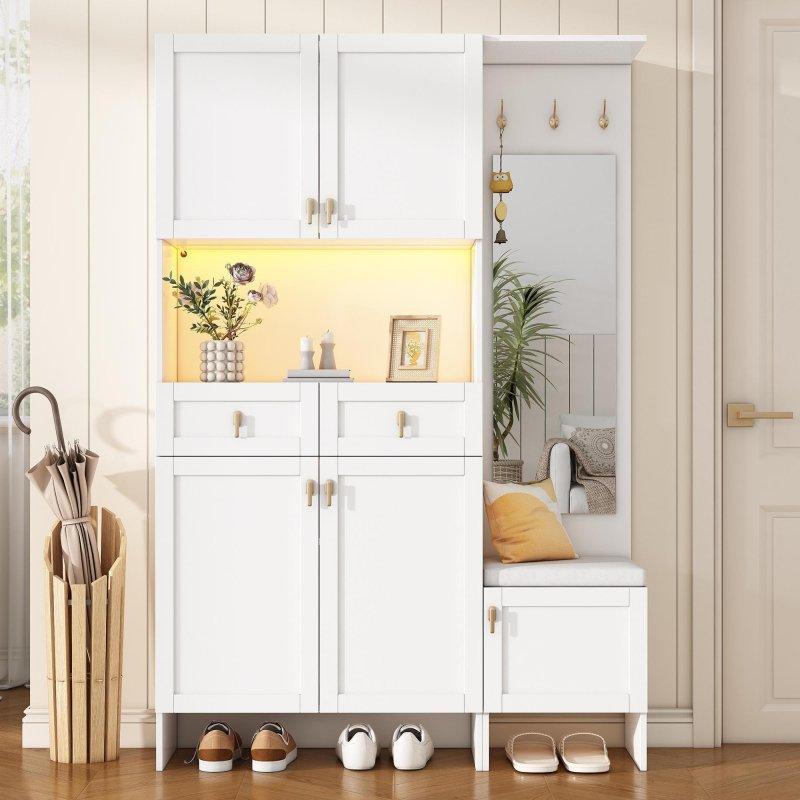 Beyaz Sunta Aynalı Oturaklı LED Işıklı Portmanto Vestiyer - 120x34x180 cm - 158608