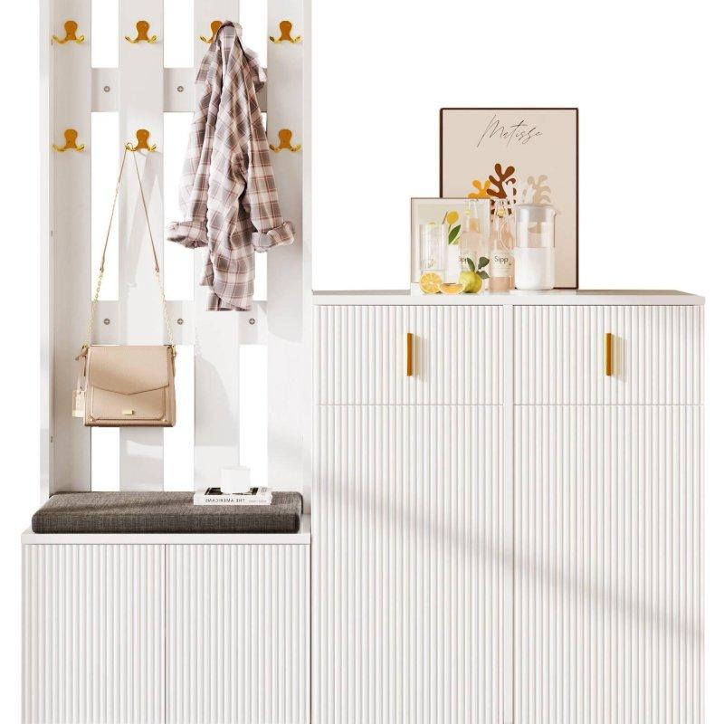 Beyaz Sunta Gold Detaylı Dalga Desenli Minderli 2 Parçalı Portmanto Vestiyer Seti - 159217