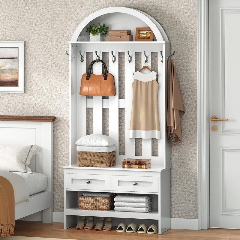 Beyaz Sunta Kemerli Oturaklı ve Çekmeceli Portmanto Vestiyer - 80x35x193 cm - 159607