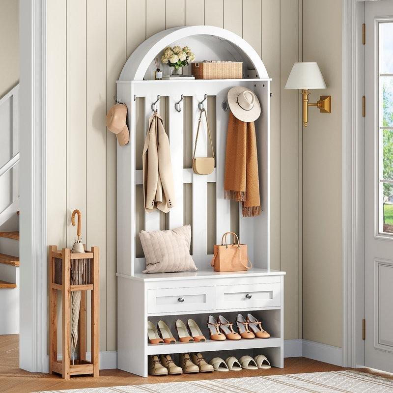 Beyaz Sunta Kemerli Oturaklı ve Çekmeceli Portmanto Vestiyer - 80x35x193 cm - 159607