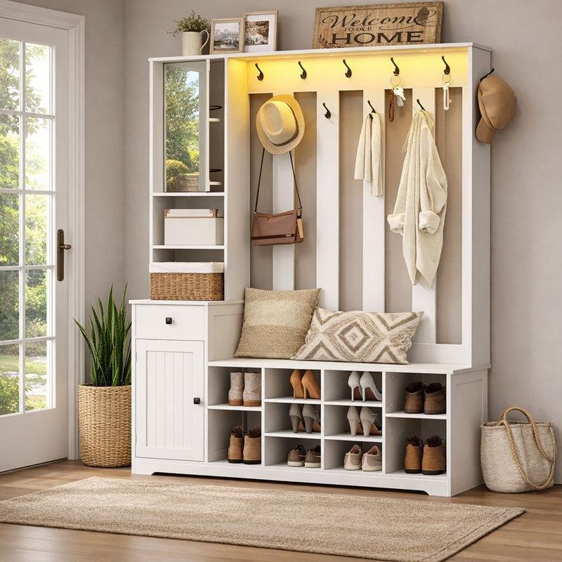 Beyaz Suntalam LED Işıklı Aynalı Oturaklı Portmanto Vestiyer - 151 cm - 159487